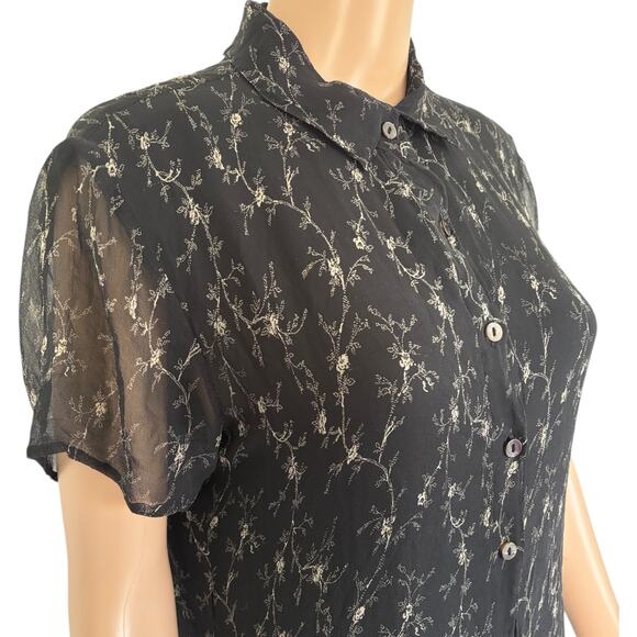 Vintage 100% Silk Black Floral Button Down Dress 90s Grunge Dark Romantic 12 - Picture 5 of 8